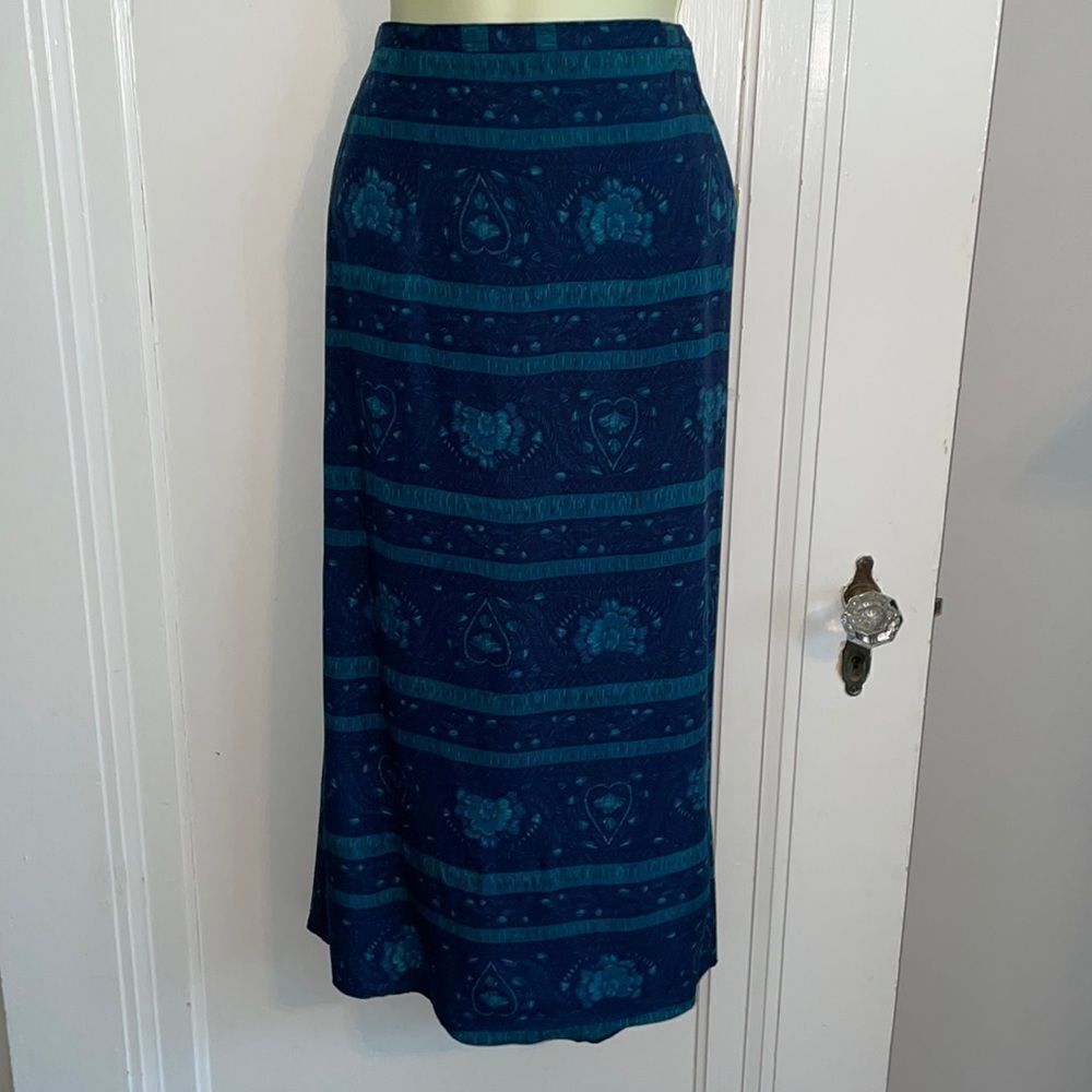 Vintage 90s Norton McNaughton blue/green batik print rayon wrap look skirt